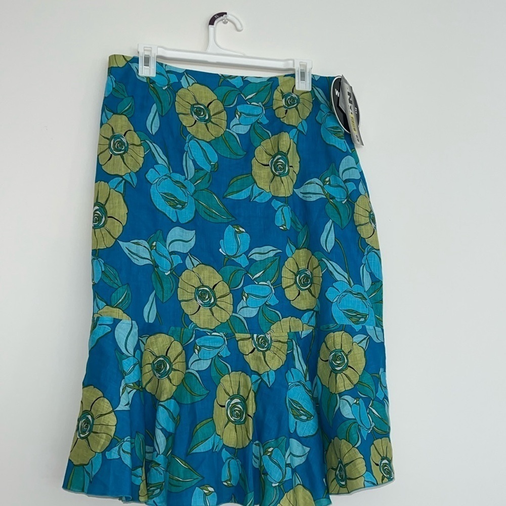 Nygard Collection blue yellow and green flowers 💯 Linen ruffle skirt, size 16